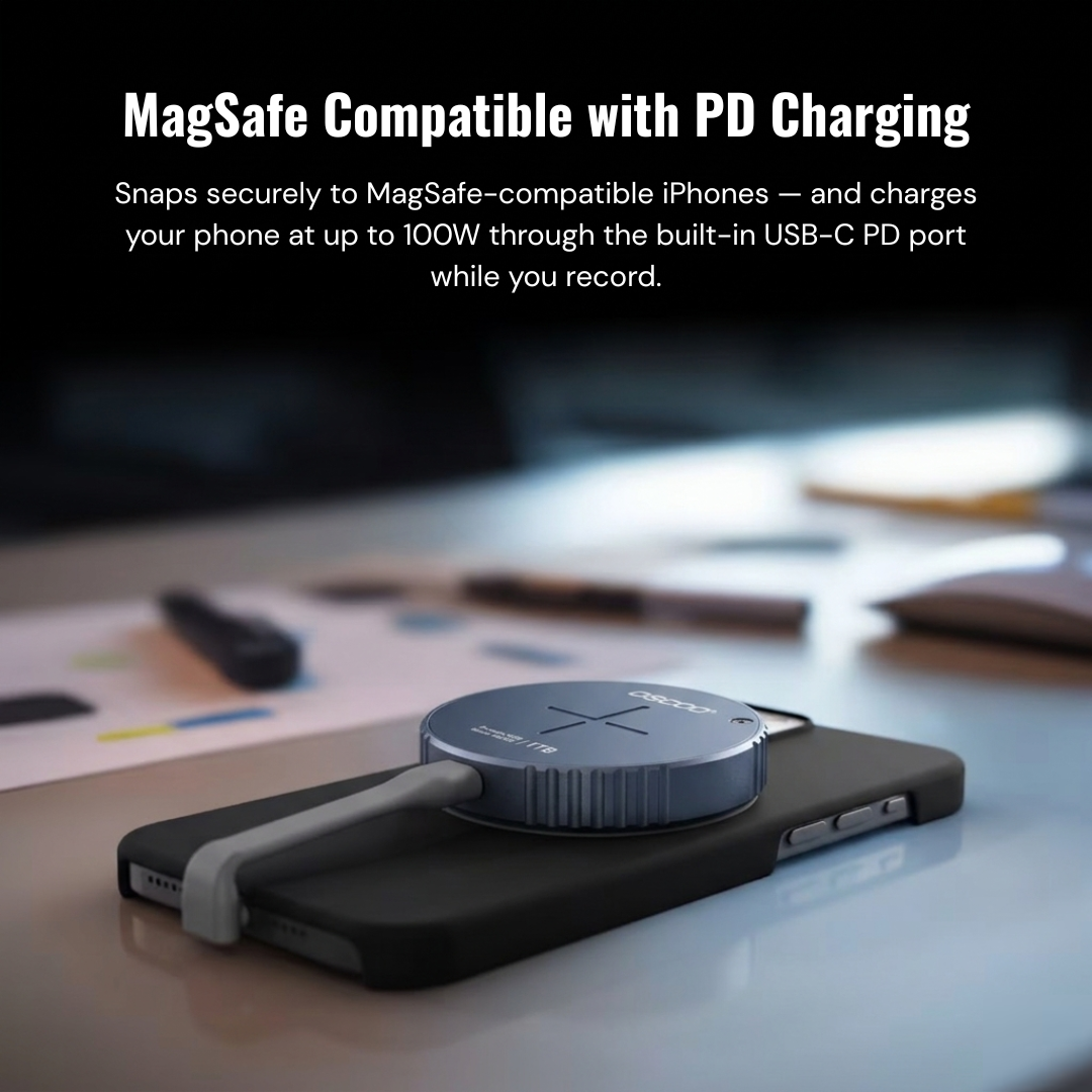 Phone case with MagSafe compatibility and PD charging feature on a blurred desk background