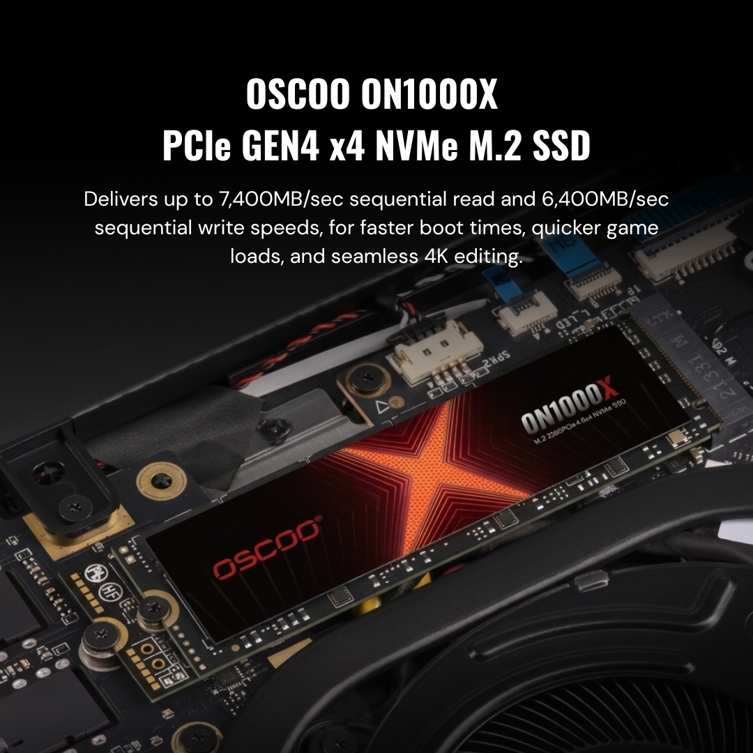 OSCOO ON1000X NVMe M.2 SSD on a black background with text about performance.