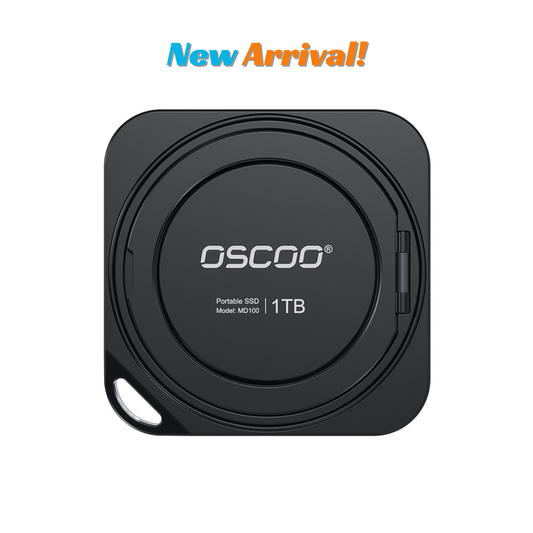 Black portable SSD with 'oscoo' branding on a white background