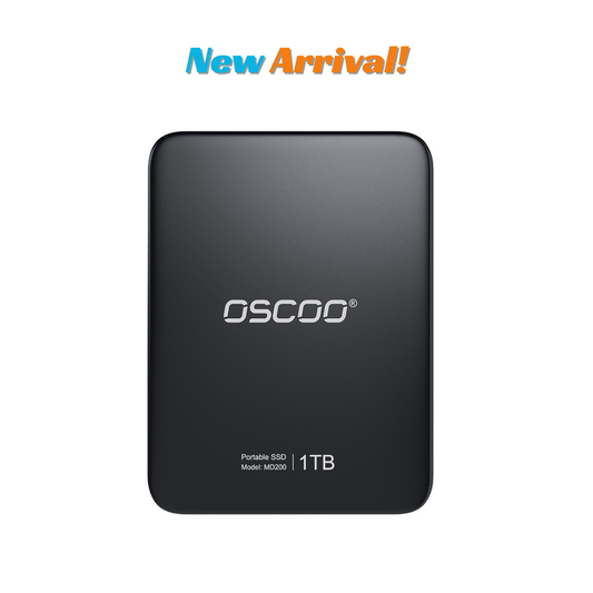Black portable SSD with OSCOO branding on a white background