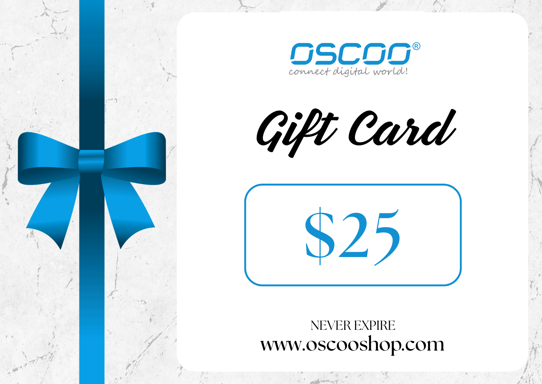 A $25 OSCOO gift card shown on a white marble-style background with a blue ribbon and bow graphic on the left. The card reads 'OSCOO', 'Gift Card', and '$25'.