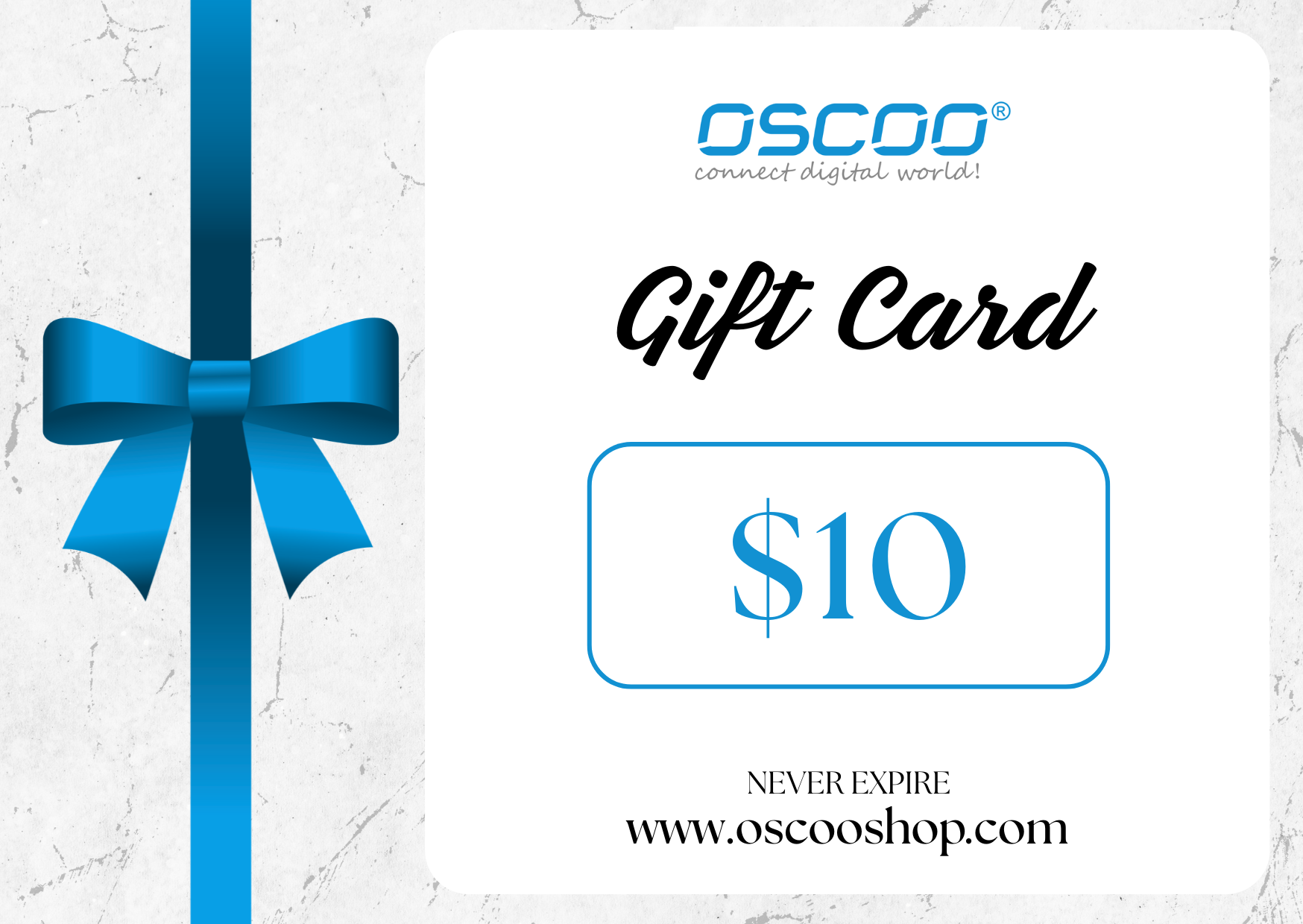A $10 gift card from Oscoo, featuring a white card with blue and black text, a blue ribbon, and a blue bow on a light marble-textured background.