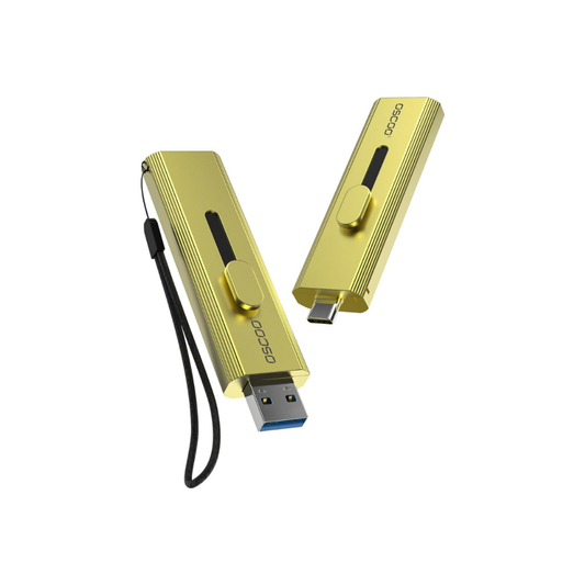 Two gold USB drives with a black lanyard on a white background