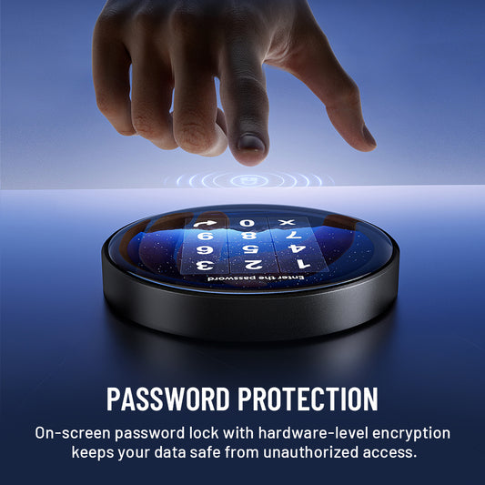 A hand touches a round black electronic lock or keypad device above a blue reflective surface, with on-screen numeric keypad content and text reading 'PASSWORD PROTECTION' and a descriptive security claim.
