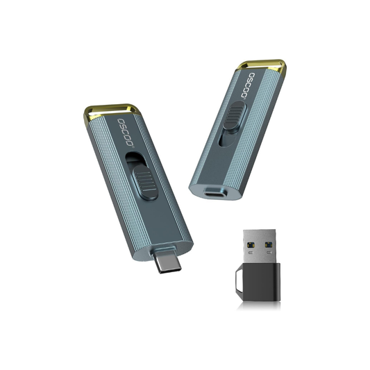 Two metallic USB devices with a smaller black USB device on a white background