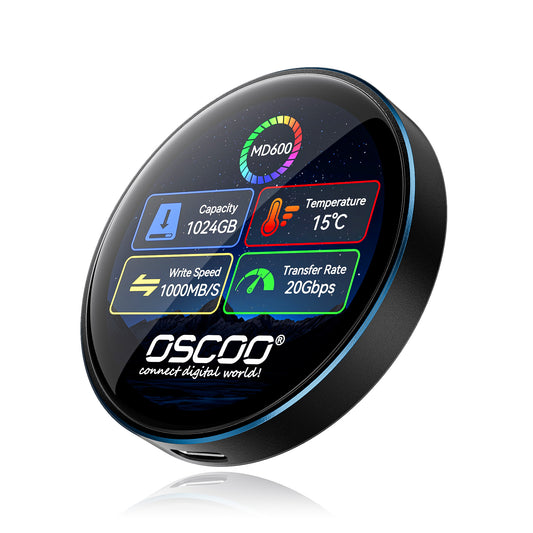A round black OSCOO MD600 portable SSD with a glossy display showing battery capacity, temperature, write speed, and transfer rate, set against a clean white background with a subtle reflection.