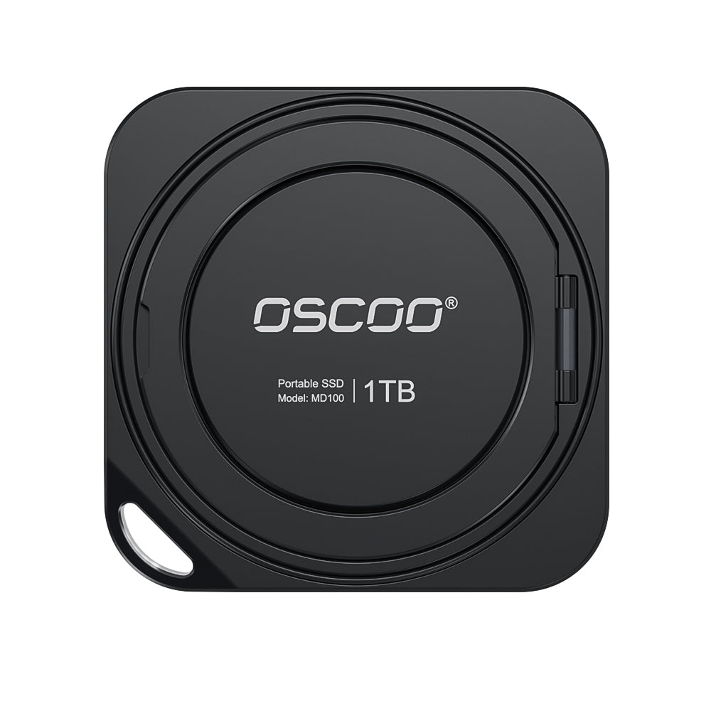Black portable SSD with 'Oscoco' branding on a white background