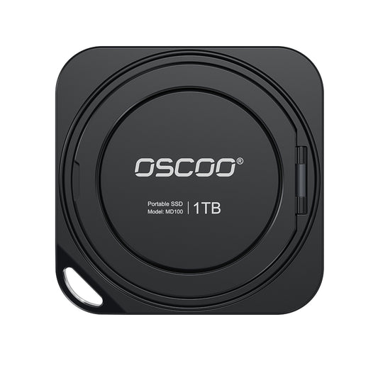 Black portable SSD with 'Oscoco' branding on a white background