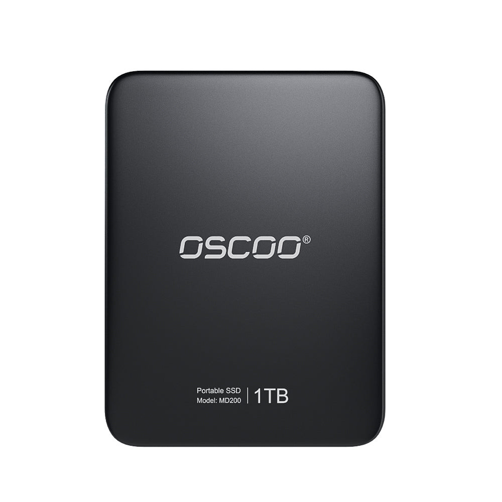 Black portable SSD with OSCOO branding on a white background