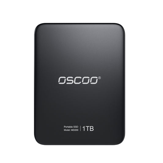 Black portable SSD with OSCOO branding on a white background