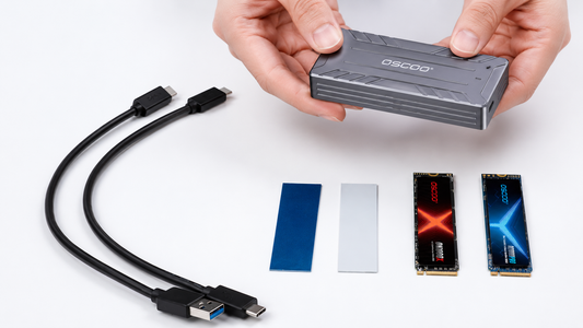 OSCOO XT6 USB4 NVMe enclosure held in hands, with USB-C and USB-A cables, thermal pads, and two M.2 NVMe SSDs laid out on a white surface