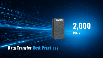 Pixel-art portable SSD with OSCOO branding and 2,000 MB/s speed indicator on a dark blue background with data transfer light streaks