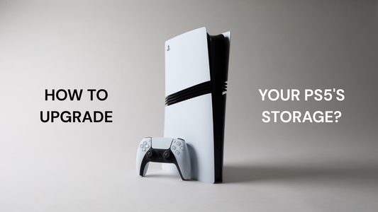PS5 Slim console standing vertically with DualSense controller — how to upgrade your PS5 storage with an NVMe SSD