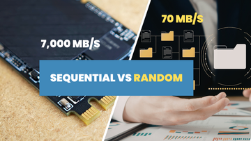 SSD sequential vs random speed comparison showing 7000 MB/s sequential read versus 70 MB/s random 4K read performance