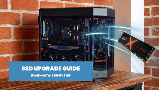 Gaming desktop PC with glass panel and RGB lighting next to OSCOO ON1000X NVMe SSD — step-by-step NVMe and SATA SSD upgrade guide