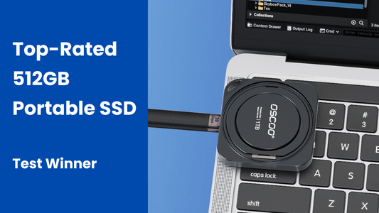 OSCOO MD100 magnetic portable SSD plugged into a laptop USB-C port, rated top 512GB portable SSD and Test Winner by SSD-Tester, July 2026SD
