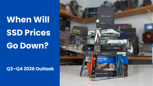 Stack of NVMe and SATA SSDs from Samsung, WD, Sabrent, and other brands on a desk — When Will SSD Prices Go Down? Q3–Q4 2026 NAND flash price outlook and forecast