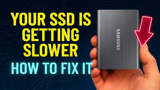 Hand holding a portable SSD with bold text "Your SSD is getting slower — how to fix it" and a red arrow pointing to the drive.