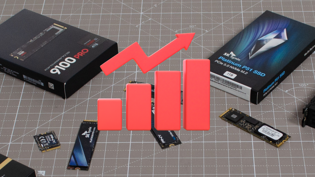 a lot of SSDs on the desk with a red price rising sign