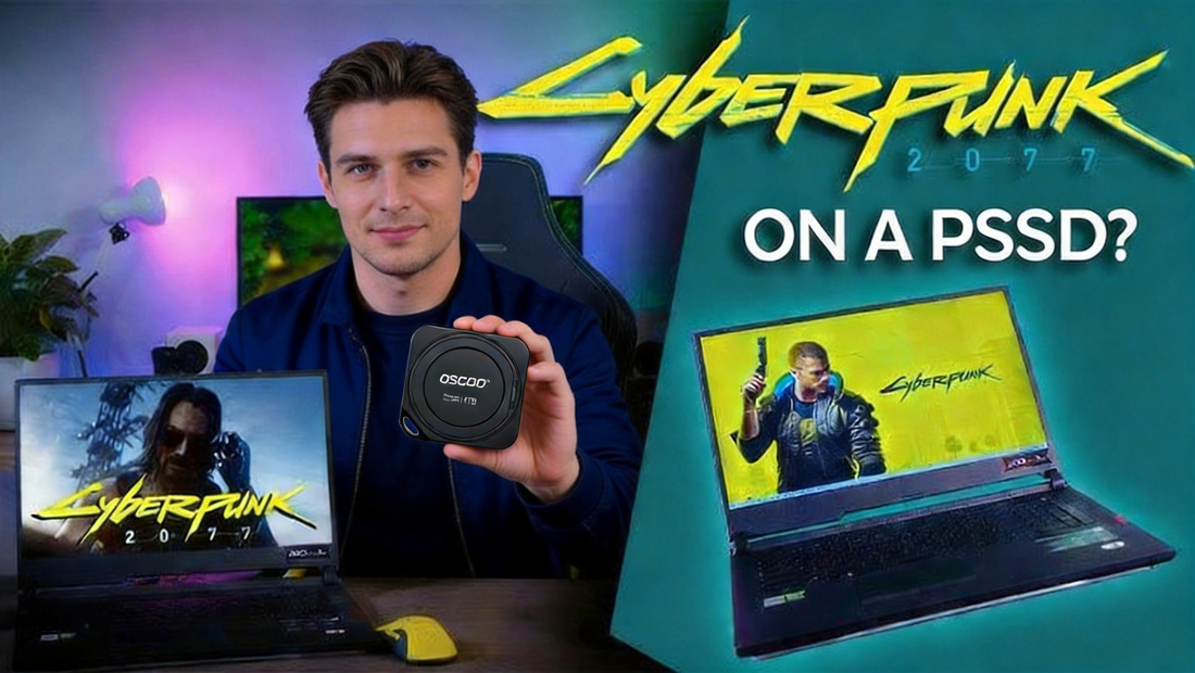 Man holding OSCOO MD100 portable SSD between two laptops running Cyberpunk 2077, demonstrating AAA gaming from an external drive over USB-C