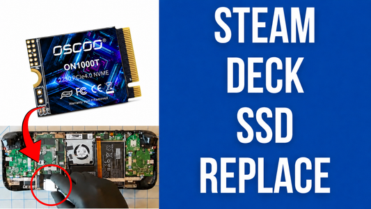 OSCOO ON1000T 2230 NVMe SSD upgrade for Steam Deck — product photo with Steam Deck disassembly showing the SSD slot