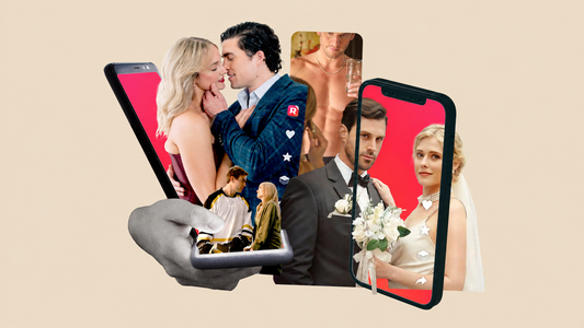 Collage of romantic short drama scenes on smartphone screens, featuring embracing couples and a bride and groom.