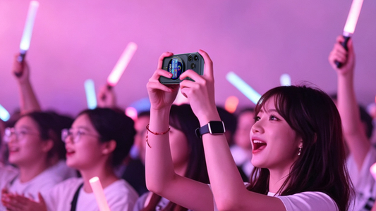 A woman holds up her smartphone to record a concert, surrounded by fans waving glow sticks under pink and purple lighting.