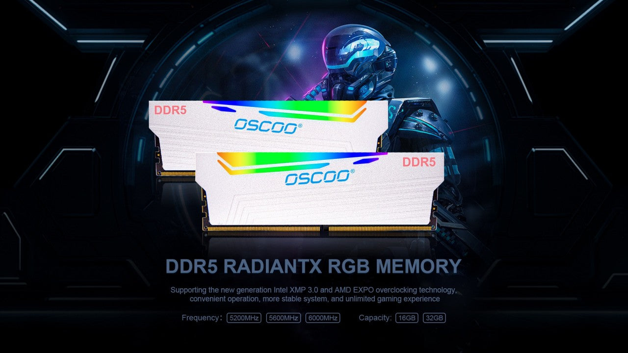 OSCOO DDR5 RadiantX RGB memory dual kit with white heatsink, supporting XMP 3.0 and AMD EXPO at 5200–6000MHz in 16GB and 32GB capacities