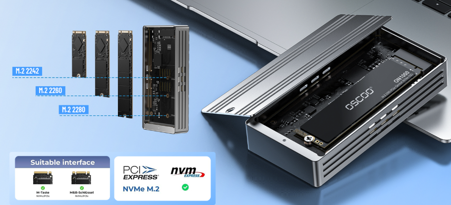 OSCOO NVMe M.2 SSD enclosure supporting 2242, 2260, and 2280 form factors with PCIe interface, shown with open case revealing internal SSD installation