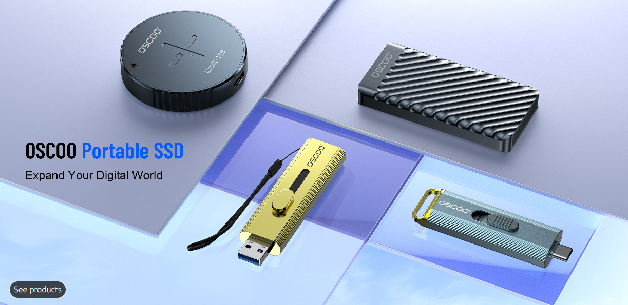 OSCOO portable SSD collection featuring round, rugged, and stick-form-factor external drives with USB-A and USB-C connectivity