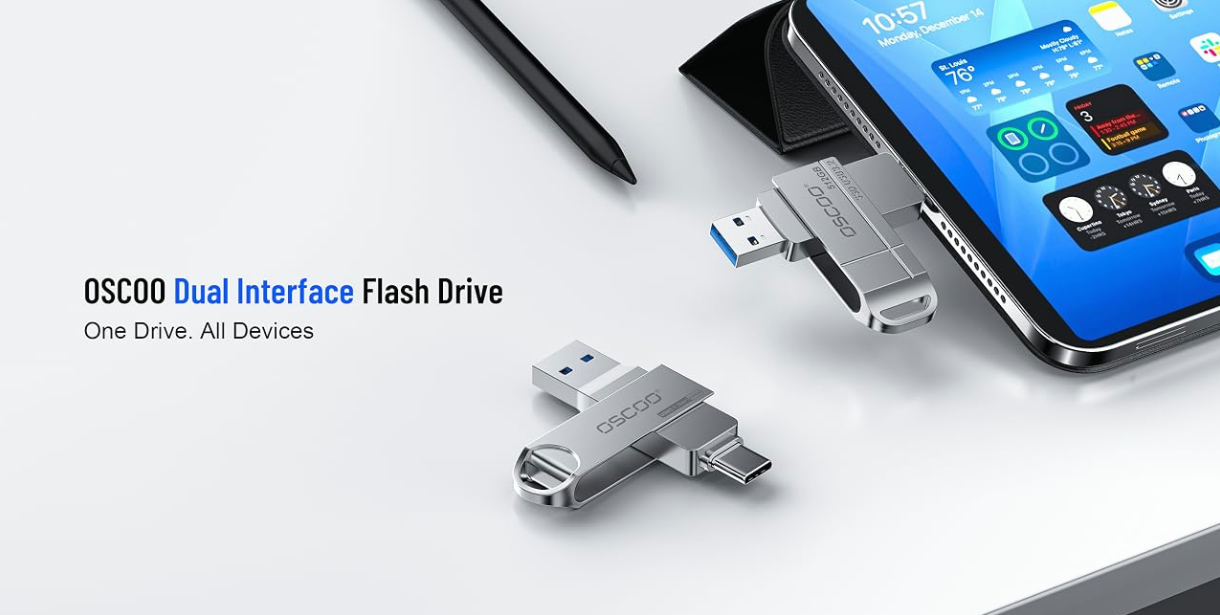 OSCOO dual interface USB flash drives with USB-A and USB-C connectors, shown plugged into a smartphone for cross-device file transfer