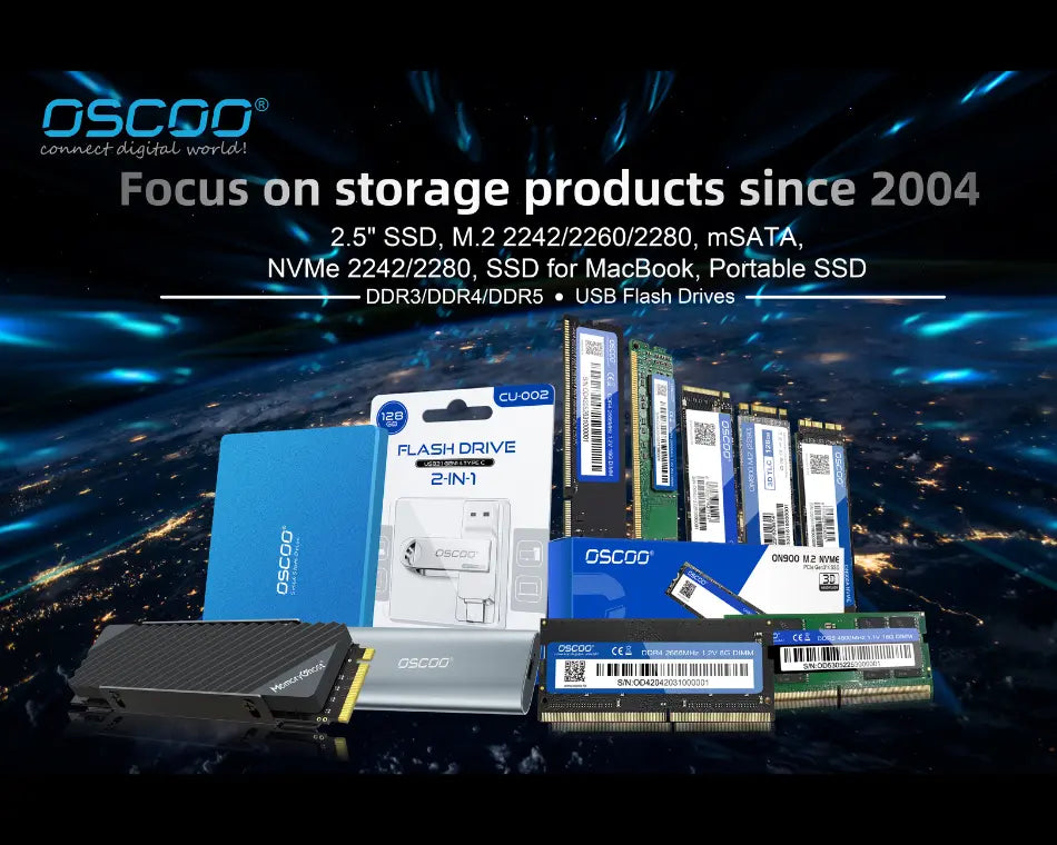 OSCOO full product lineup including 2.5-inch SATA SSDs, M.2 NVMe SSDs, portable SSD, USB flash drive, and DDR RAM modules — storage solutions since 2004