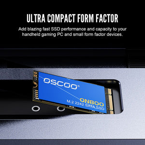 Oscoo ON800 M.2 2242 SATA SSD on a black and gray gradient background with text about ultra compact form factor.