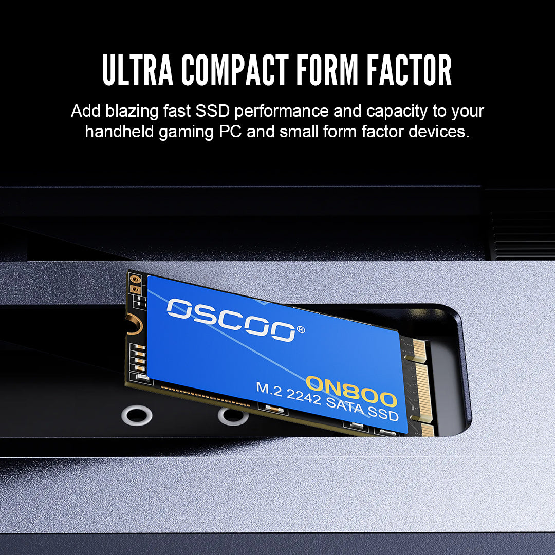 Oscoo ON800 M.2 2242 SATA SSD on a black and gray gradient background with text about ultra compact form factor.