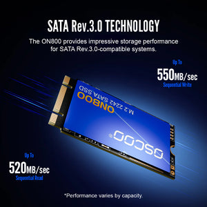 OSCoo M.2 2280 SATA SSD with performance specifications on a dark background