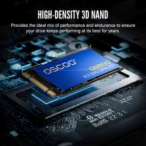 OSCOO M.2 2242 SATA SSD on a circuit board with text about high-density 3D NAND technology.