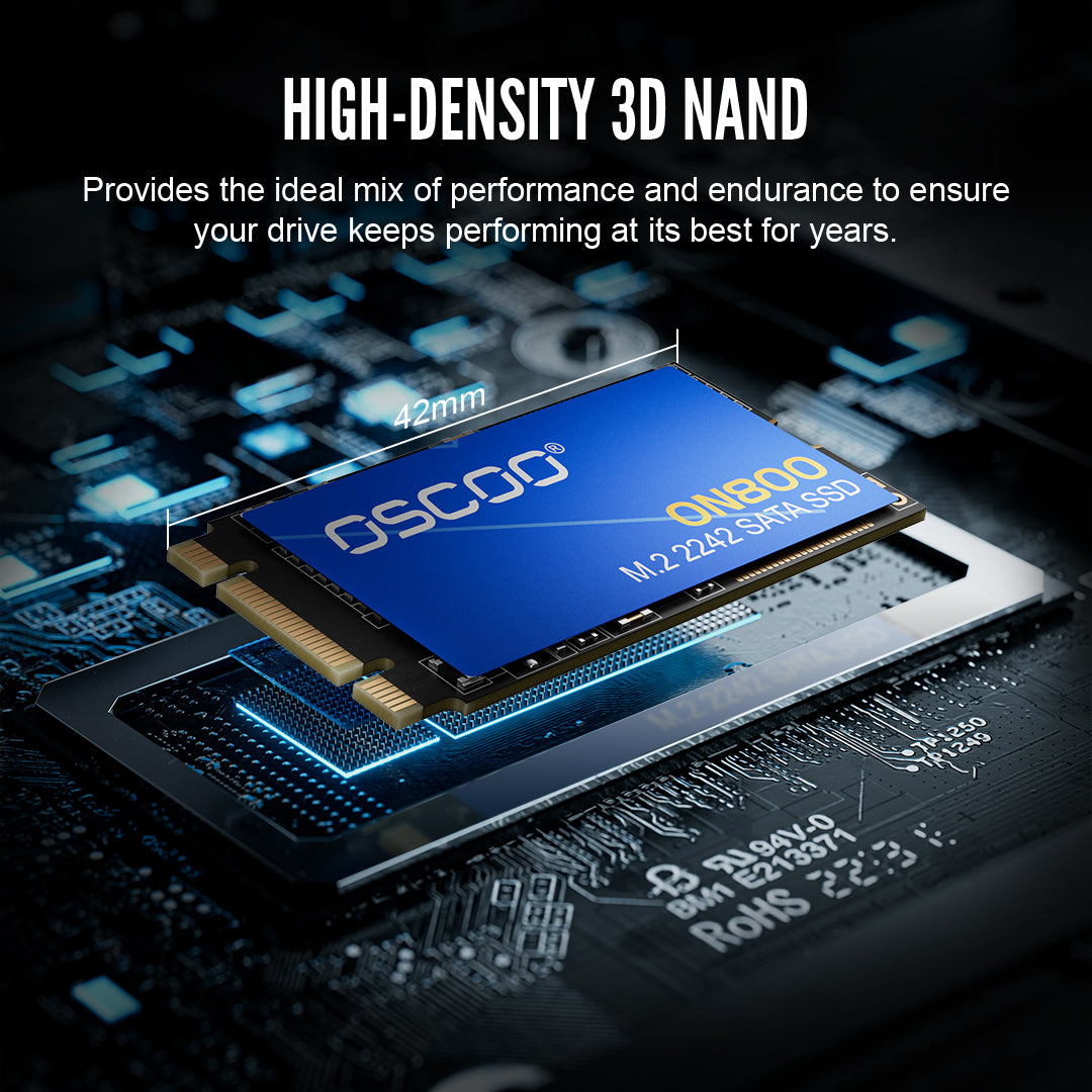 OSCOO M.2 2242 SATA SSD on a circuit board with text about high-density 3D NAND technology.