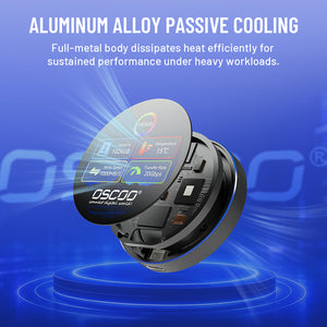 An OSCOO wireless earbuds charging case shown floating on a blue gradient background with promotional text about aluminum alloy passive cooling and digital display details.