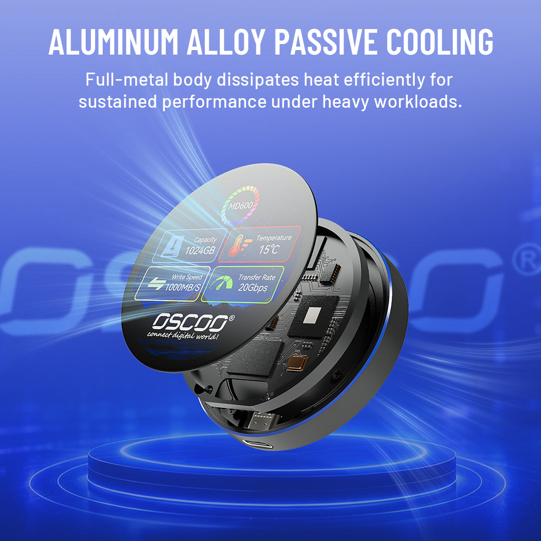An OSCOO wireless earbuds charging case shown floating on a blue gradient background with promotional text about aluminum alloy passive cooling and digital display details.