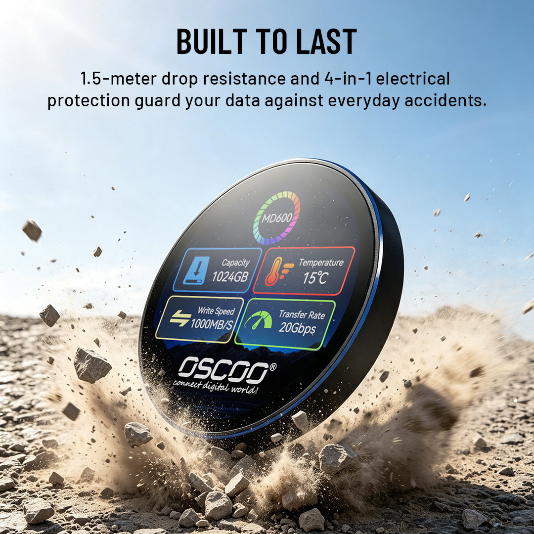 A round black OSCOO portable digital wallet device with a colorful display, shown flying through a dusty desert scene with rocks flying around it. Text at the top reads 'BUILT TO LAST' and describes drop resistance and electrical protection.