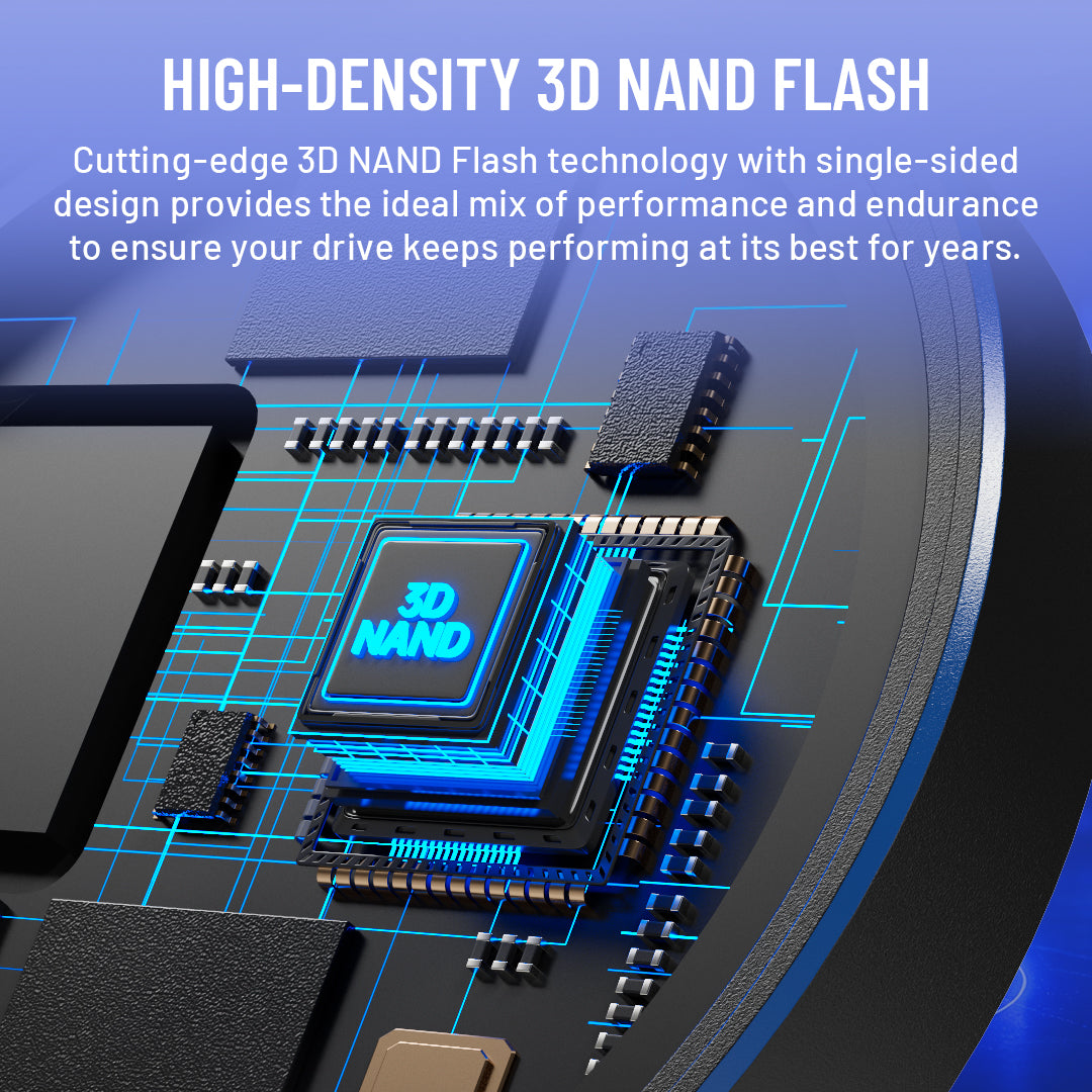 Promotional graphic for high-density 3D NAND flash technology, showing a close-up of a microchip with glowing blue 3D NAND text on a dark circuit board background with blue digital line graphics and white explanatory text at the top.