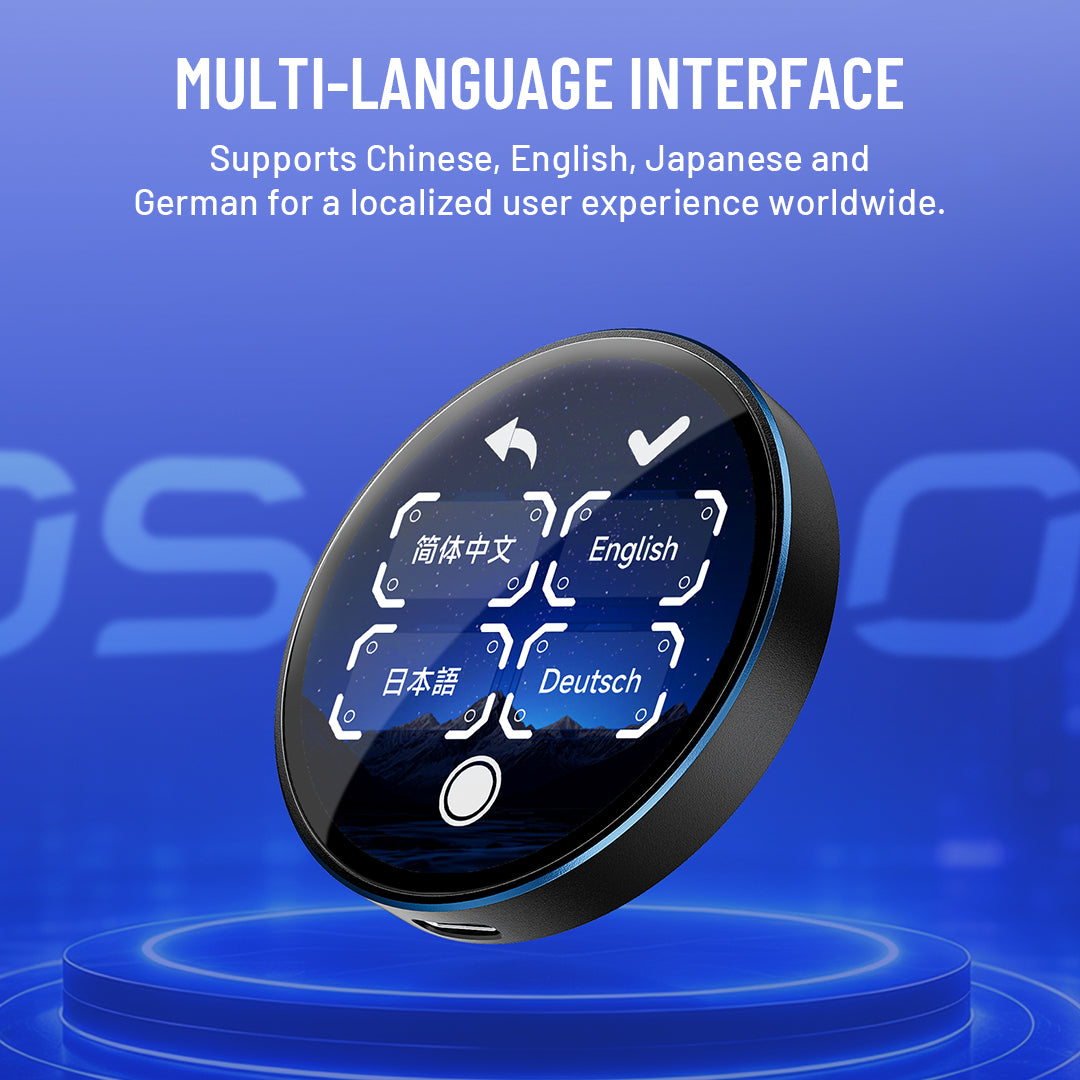 A round black touchscreen device with a glossy face showing four language options: Simplified Chinese, English, Japanese, and German. The image is set against a blue digital background with the text 'MULTI-LANGUAGE INTERFACE' and 'Supports Chinese, English, Japanese and German for a localized user experience worldwide.