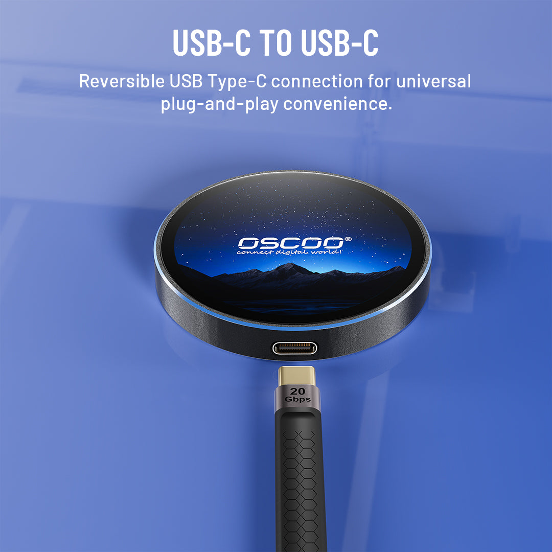A USB-C to USB-C cable shown on a blue gradient background with promotional text at the top. The cable has a round black and silver connector with the brand name OSCOO visible on the face, and a black textured cable body labeled 20G 5W.