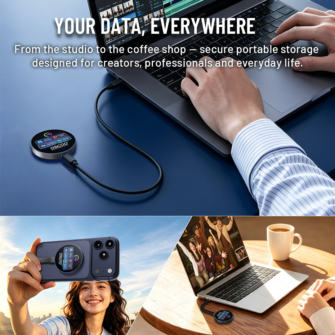 A portable circular data storage device with a cable is shown plugged into a laptop, with hands visible and the product displayed in use in outdoor and office settings. Large text at the top reads 'YOUR DATA, EVERYWHERE' and promotional copy appears across the collage.