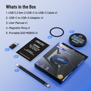 OSCOO SSD MD600 portable SSD enclosure kit with USB-C cable, USB-A adapter, user manual, magnetic ring, and packaging on a blue gradient background with numbered callouts.