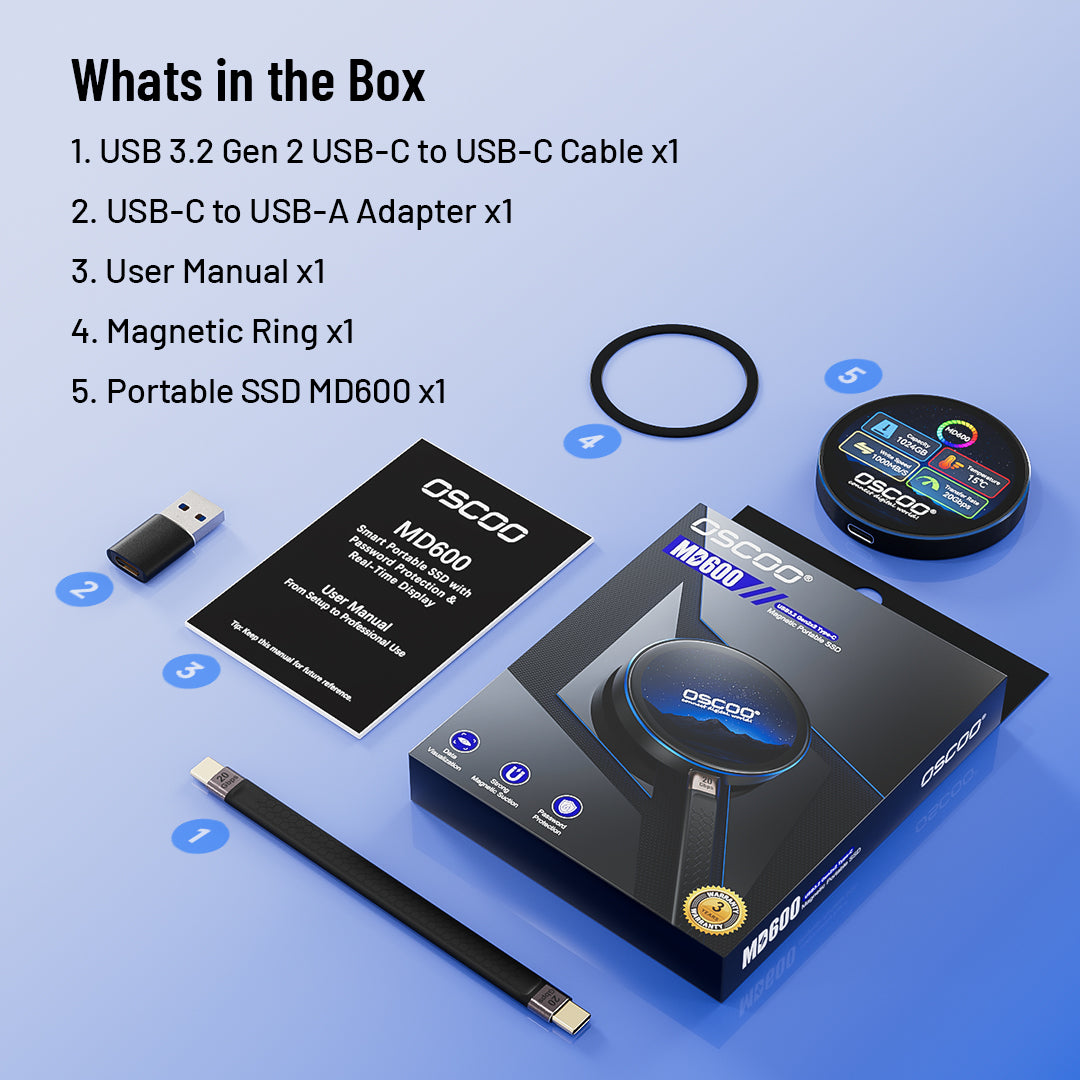 OSCOO SSD MD600 portable SSD enclosure kit with USB-C cable, USB-A adapter, user manual, magnetic ring, and packaging on a blue gradient background with numbered callouts.