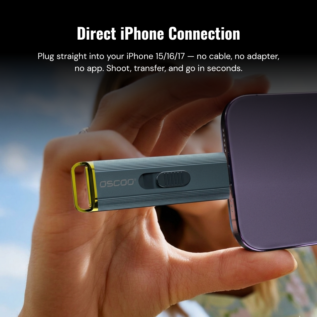 Hand holding a device with 'Osmo' branding attached to an iPhone, with text about direct iPhone connection.