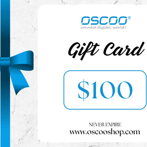 A $100 gift card from Oscoo, featuring a white card with blue and black text, a blue ribbon, and a blue bow on a light marble-textured background.