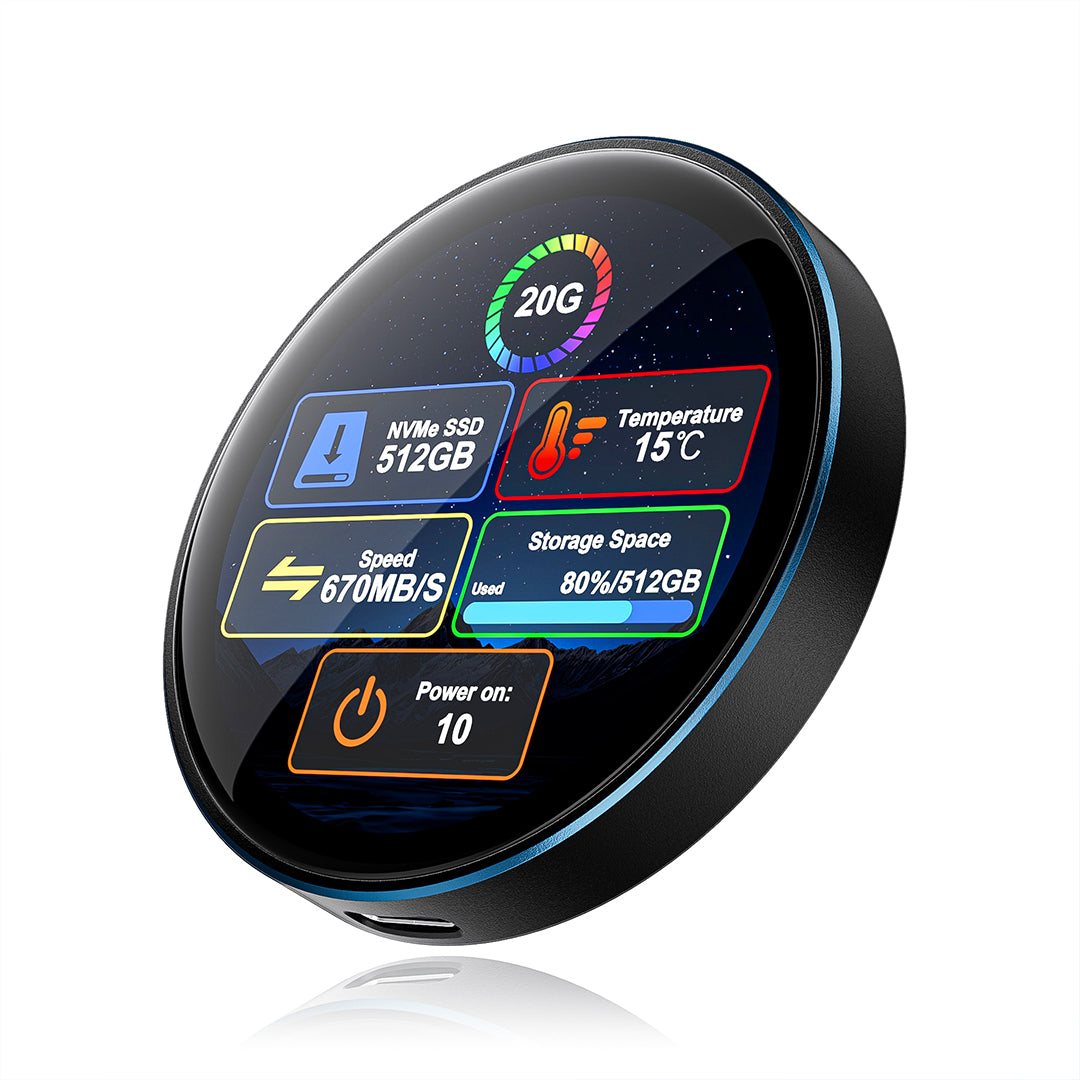 A sleek, round black smart home hub or electronic device with a glossy screen displaying colorful status widgets, set against a clean white background with a subtle reflection.