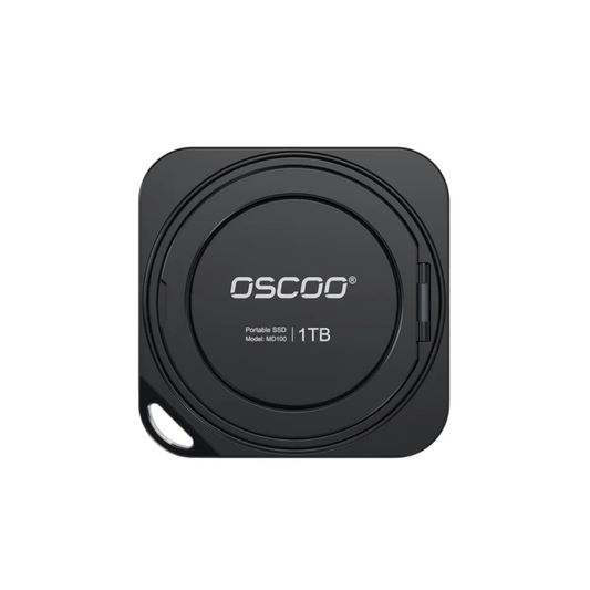 Black portable SSD with 'oscoo' branding on a white background
